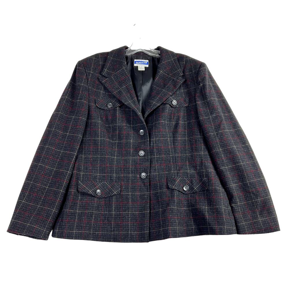 Pendleton Long Sleeve Wool Plaid Button Front Blazer Charcoal Gray Womens 18 USA